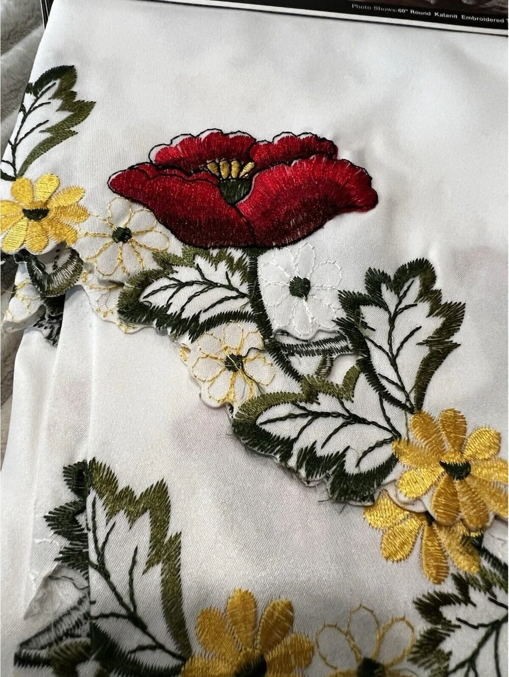 New Editex Kalanit red yellow green white embroidered 60” round tablecloth